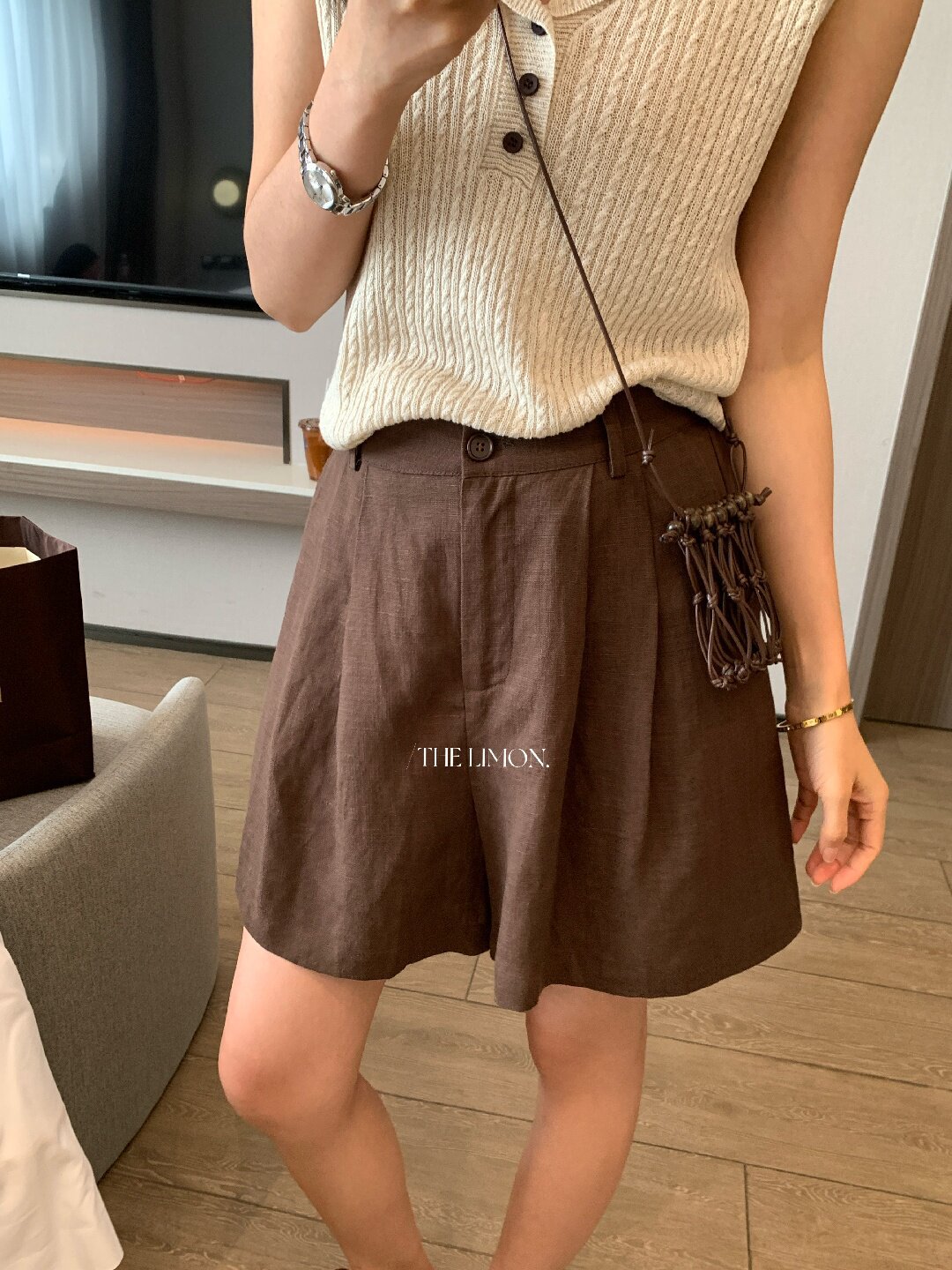 Quần short nữ cạp cao chất liệu tencel linen phối sợi, dáng suông rộng, tôn dáng, phong cách old money — màu sắc, Màu cà phê, màu trắng, Xanh da trờicolor chi tiết 36