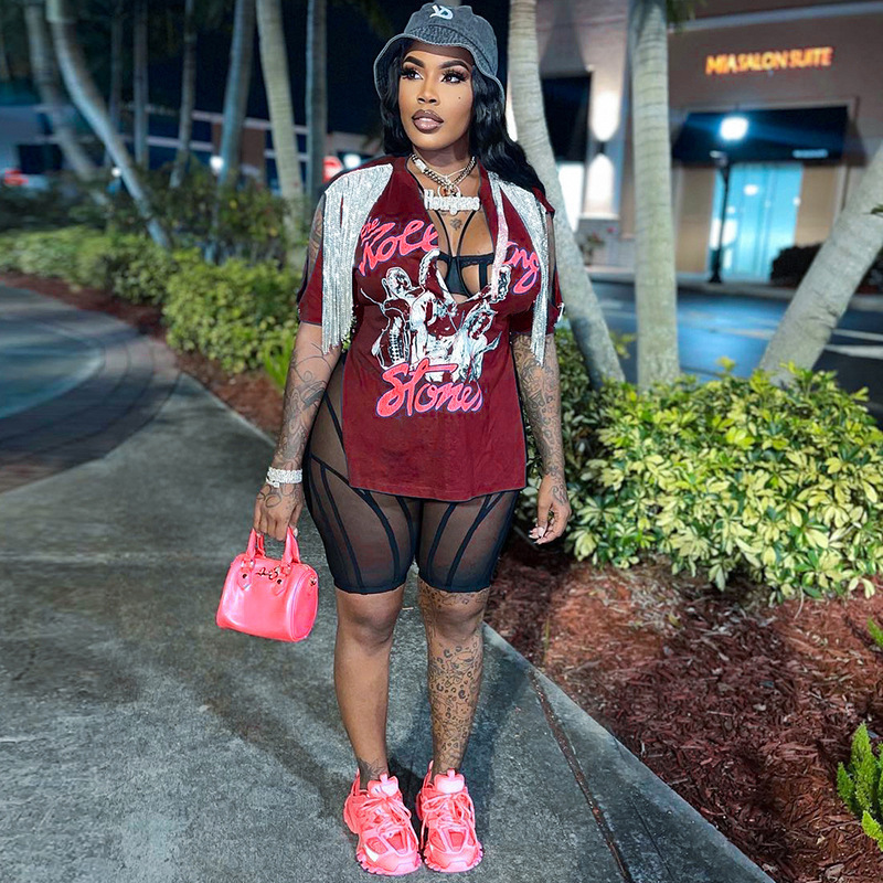 Gh European and American Fashion Women's Clothing 2026 Spring New Style Printed Hip-Hop Street Style Split Fringe Short-Sleeved T-Shirt