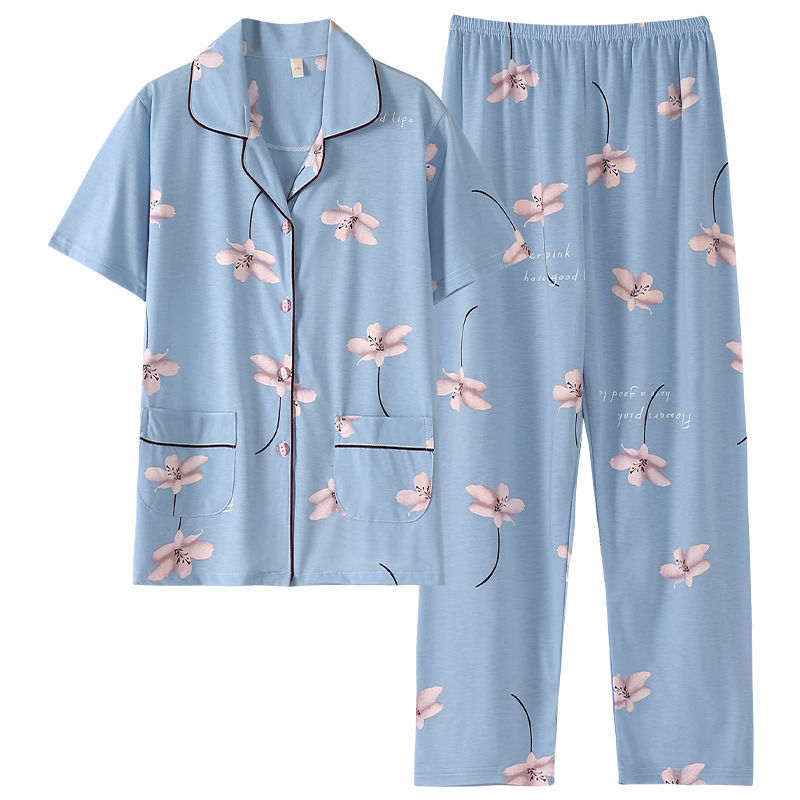 Pijama de algodón para mujer Pantalones de manga corta de verano más traje de chaqueta de mediana edad y madres de edad avanzada