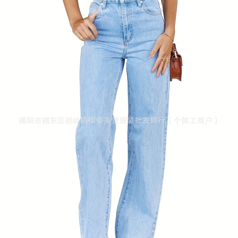 2025年亚马逊跨境新款欧美浅蓝色水洗女式弹力牛仔直筒阔腿长裤子|undefined