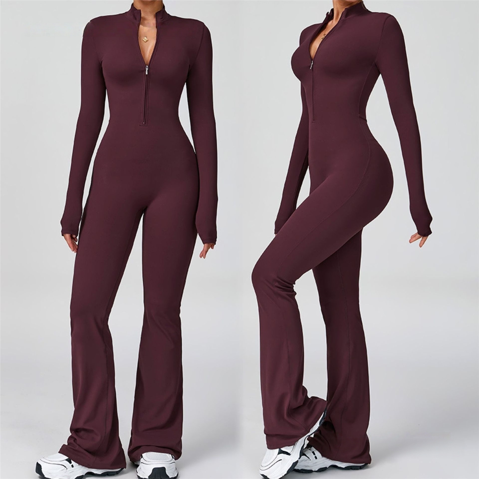 New European and American style tight-fitting zippered dance yoga jumpsuit, long-sleeved sporty fitness jumpsuit with bell-bottom pants in coffee color