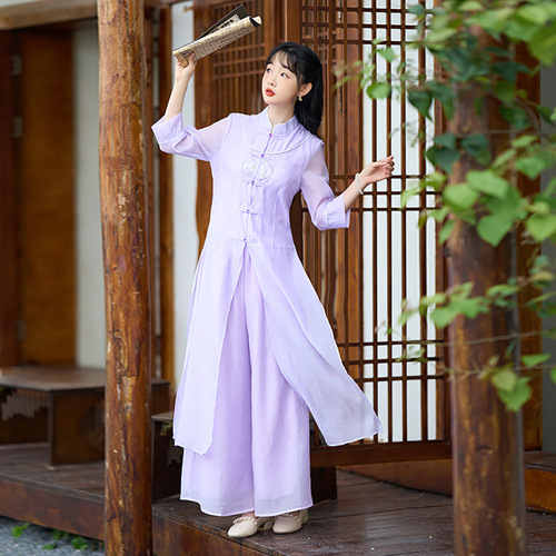 Traditional Chinese ancient purple hanfu retro qipao dress tops for women girls chinese blouses skrits retro embroidery outfit hanfu zen tea tang suit for female