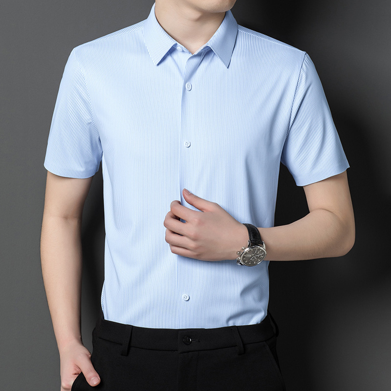 Luxury Men's Knitted Seamless Short-Sleeved Shirts, Business Versatile Tops, Drapey, Iron-Free Youth Shirts, Breathable