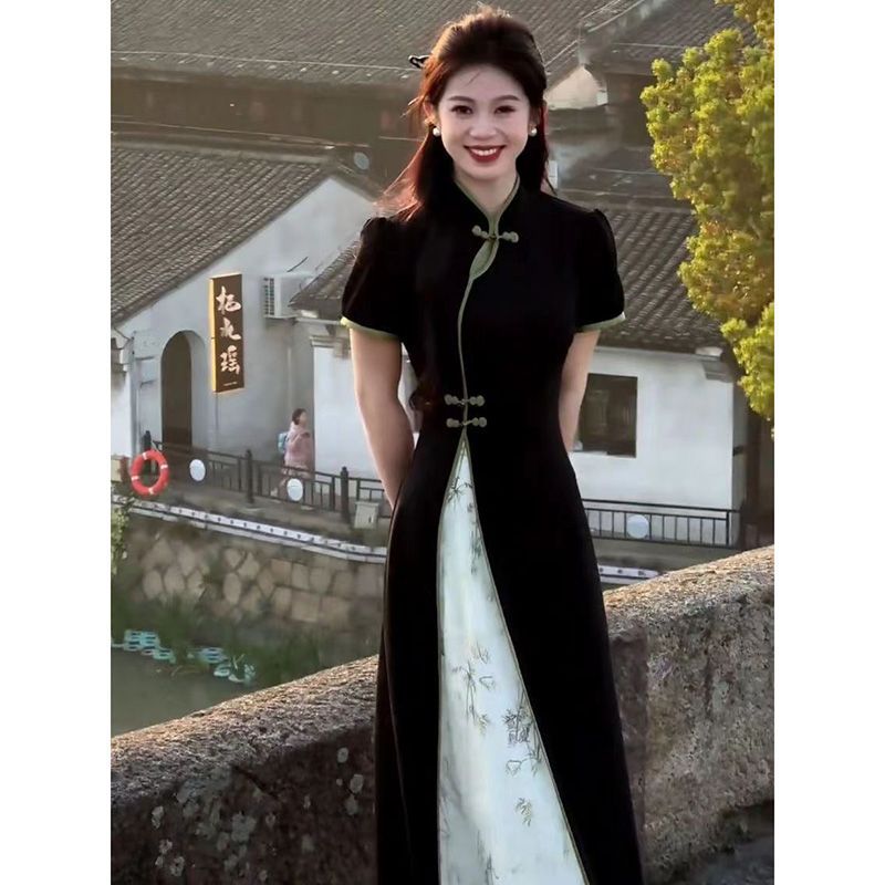 跨境中国风连衣裙女装胖妹妹显瘦遮肉气质新中式复古旗袍裙子显瘦