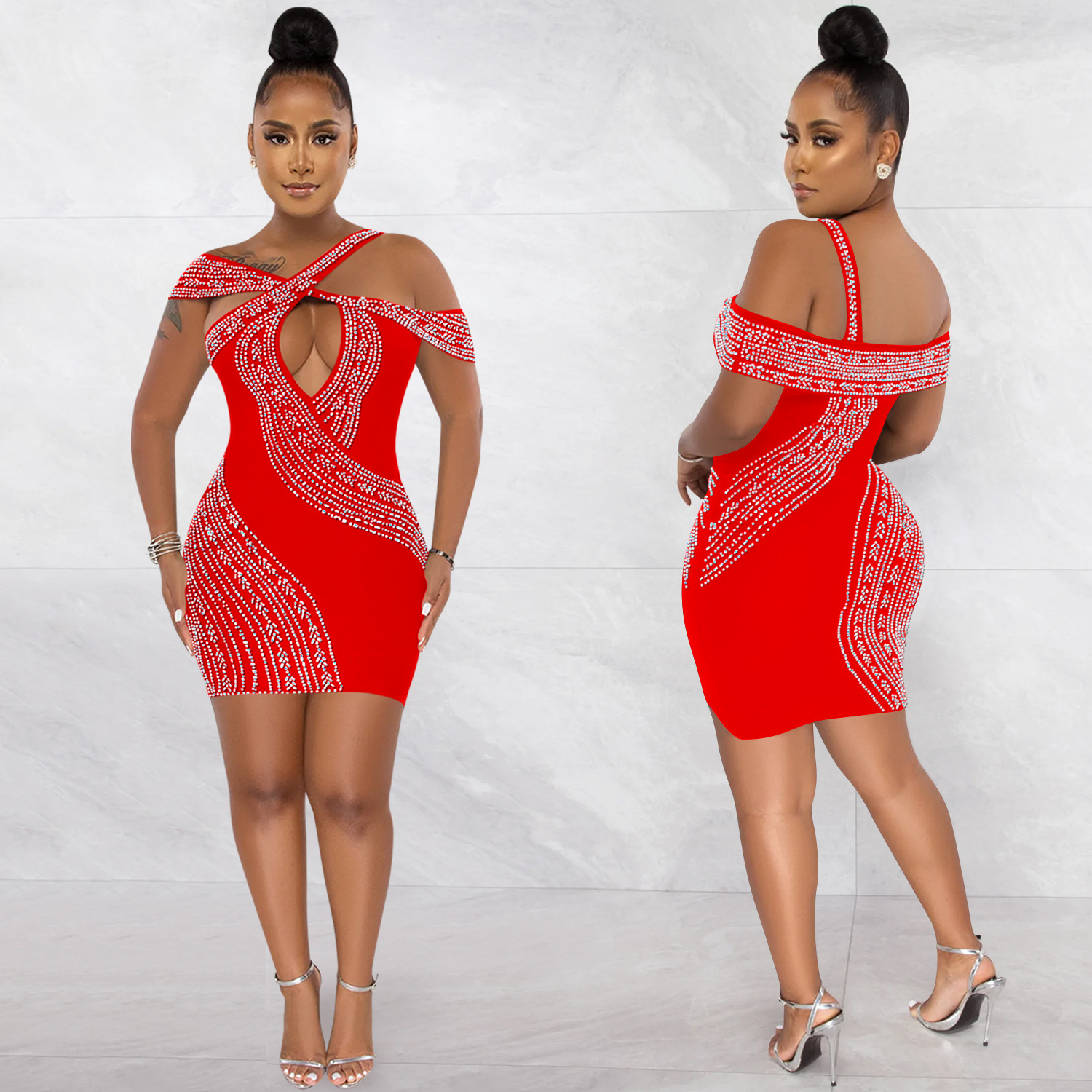 C5921 AliExpress Amazon moda europea y americana sexy discoteca rhinestone caliente hueco vestido midi image 3