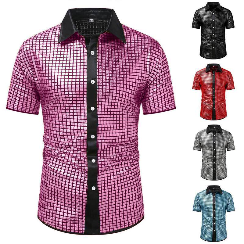 European and American Summer New Cross-Border Men's Short-Sleeved Shirts, Plaid Sequin Performance Clothing, European Size Short-Sleeved Men's Shirts