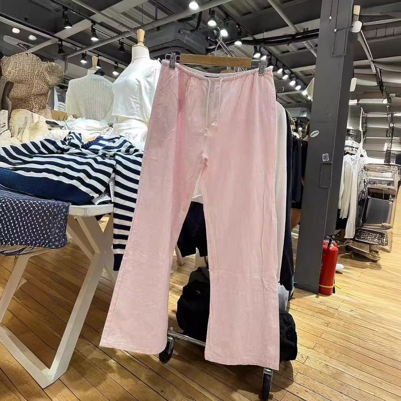 bm Style American Retro Stripesd Lace-up Elastic Waist Sweatpants bm Versatile Linen Casual Wide-leg Pants Slightly Flared Pants