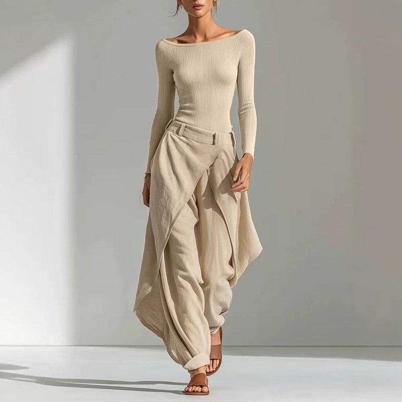 2026 European and American style, French-inspired, one-shoulder, fitted long-sleeve top paired with asymmetrical wide-leg pants, a chic and casual two-piece set for women 2026 European and American style, French-inspired, one-shoulder, fitted long-sleeve top paired with asymmetrical wide-leg pants, a chic and casual two-piece set for women