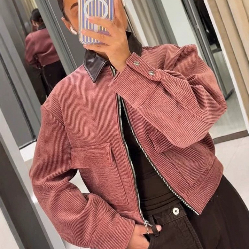 Chaqueta Corta Estilo Retro con Solapa de Poliéster con Cremallera para Ocio