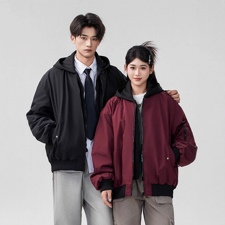 Retro Motorcycle Style Outdoor Pleated Sleeves Fake Two-Piece Hooded Zipper Workwear Bomber Jacket with Custom Logo