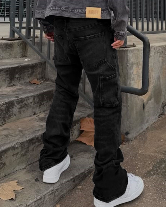 Men's Loose Fit Wide Leg Jeans Casual Ripped Hip Hop Style Stretch Flare Long Pants mid Waist Blue_mkmklike.com