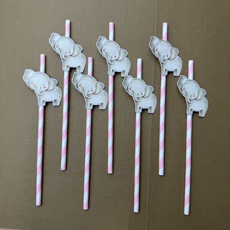 Animal transfronterizo elefante tarjeta de papel paja desechable degradable postre cóctel fiesta paja decoración