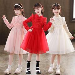 Little Girl's Spring Outfit Modified Qipao Princess Dress Red Chinese Style Puffed Skirt Performance Cocktail Dress Silk Skirt