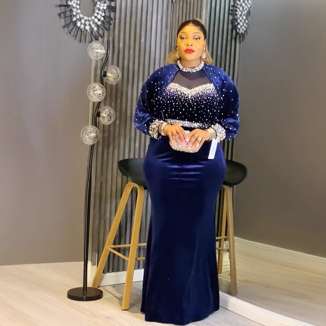 Cross-Border Dress African Fashion Plus Size Women's European and American New Dress Velvet High-End Temperament Fishtail Skirt