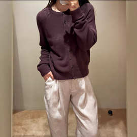 CS女装 标准版型圆领亚麻针织开衫酒红色2026春季新品1315013001