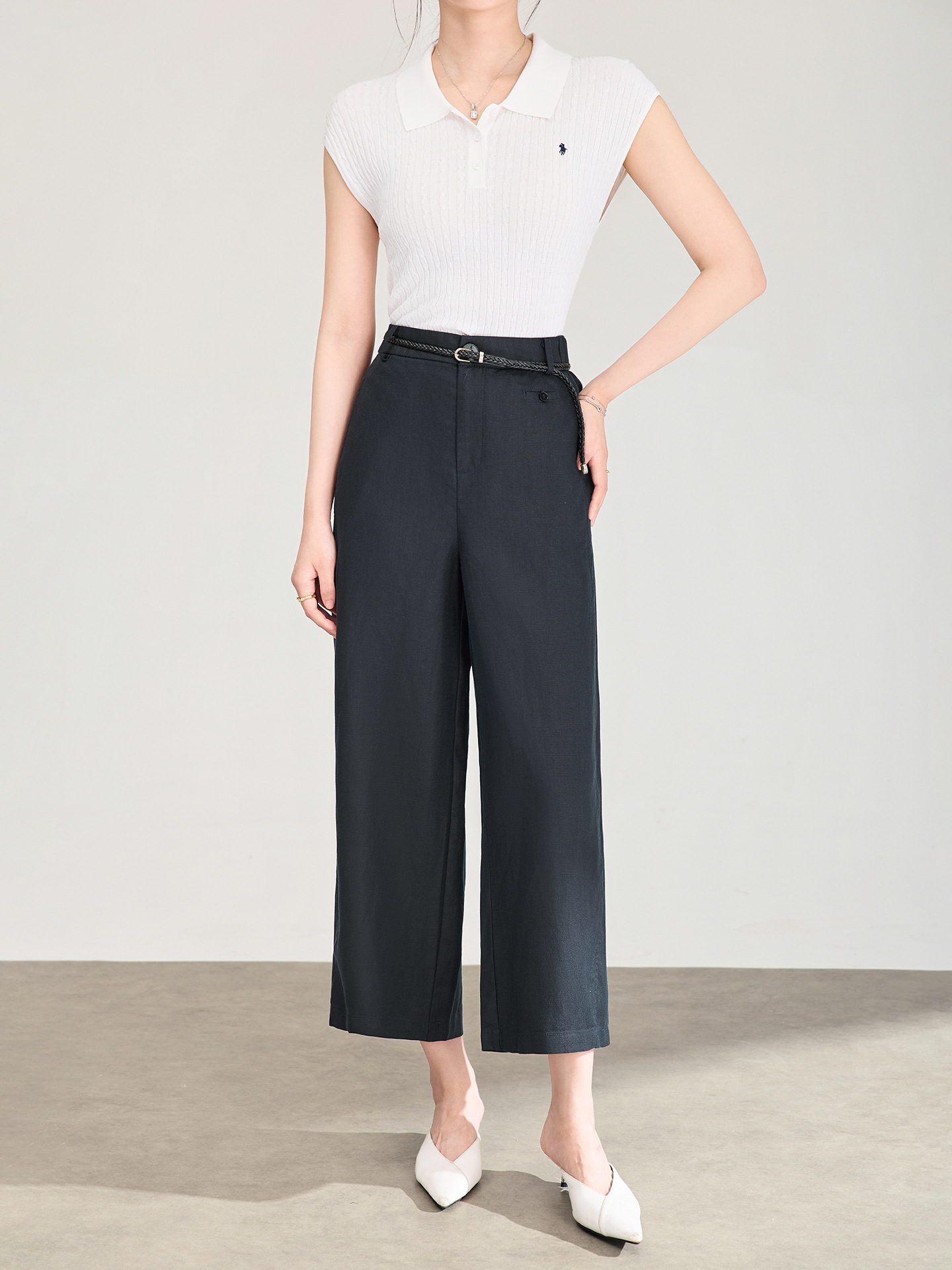 Quần culottes nữ ống rộng dáng suông, cạp cao, chất liệu tencel linen thoáng mát, phù hợp mùa hè — Xanh lông mòng đen