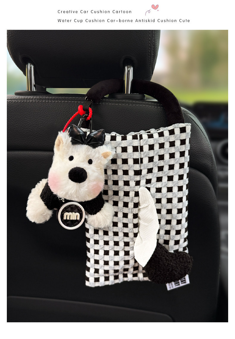 New car tissue box with West Highland puppy design, hanging car tissue holder, high-end interior seat back storage decoration