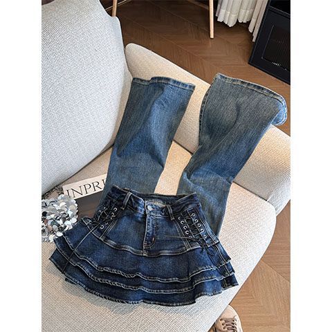 Irregular Design Skirt Fake Two-Piece Jeans for Women 2025 Spring New High-Waisted Slim-Fitting Pants
