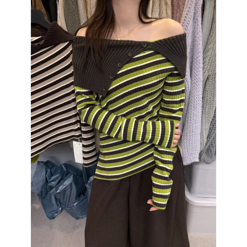 retro stripes | This stylish striped knit top features a slanted shoulder design and a cool, atmospheric vibe retro stripes | This stylish striped knit top features a slanted shoulder design and a cool, atmospheric vibe