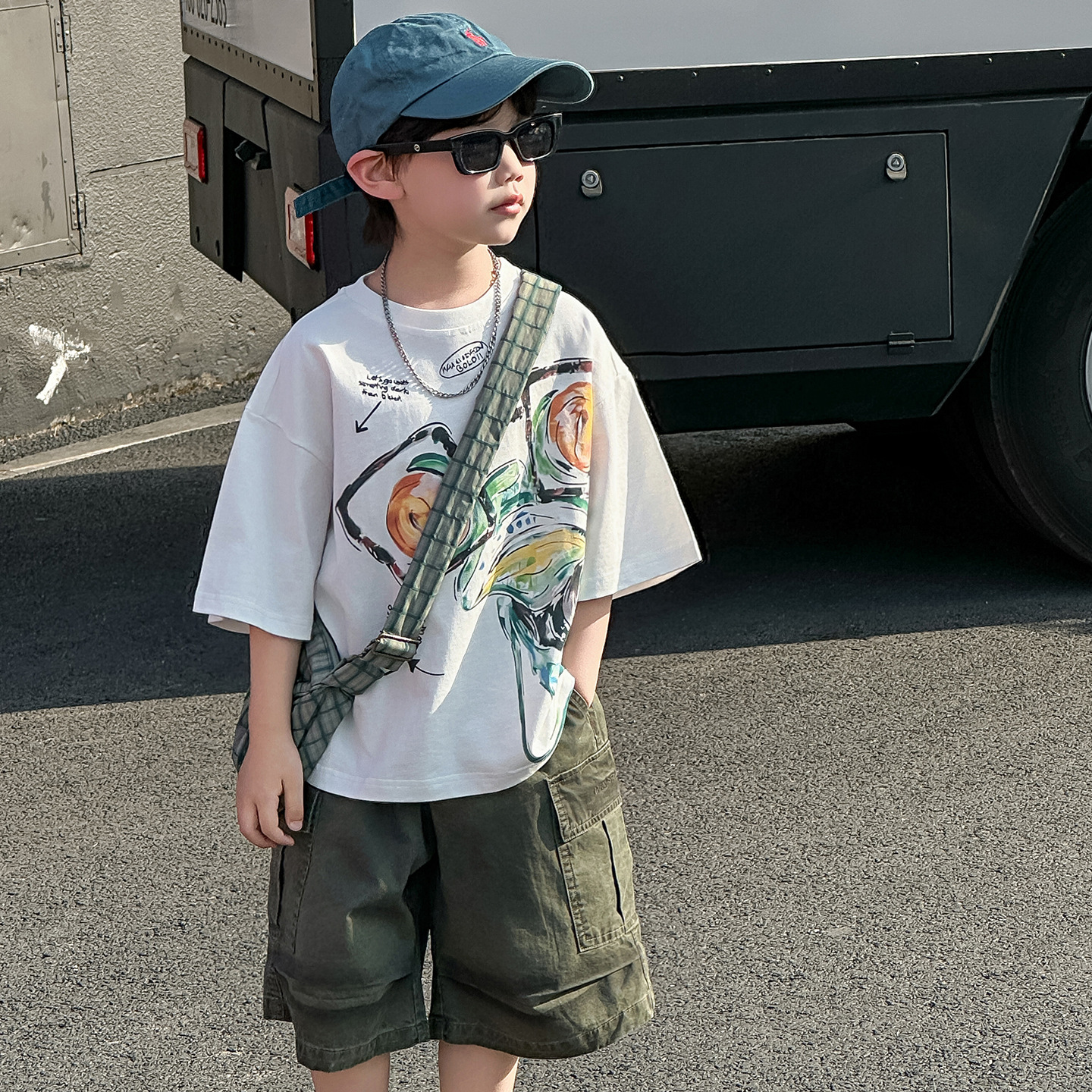 Cotton Shop Summer Short-Sleeve Set Children's Summer Korean Style 2025 New Cartoon Workwear Five-Point Pants Sports Children's Clothing