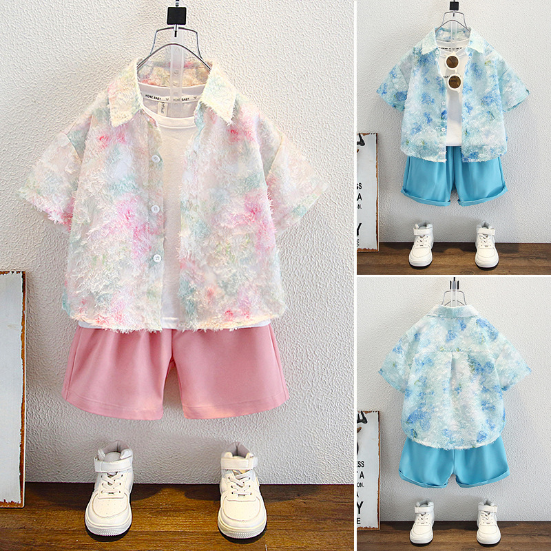 Xiaoxiangfeng ボーイズサマースーツ 2025 新しい半袖花柄シャツ子供服ベビートレンディボーイズ 3 点セット|undefined