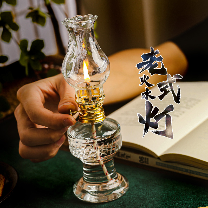 Retro lámpara de vidrio vieja lámpara de agua de fuego lámpara de queroseno mecha lámpara de combustible para Buda Dios de la riqueza lámpara de aceite de alquiler