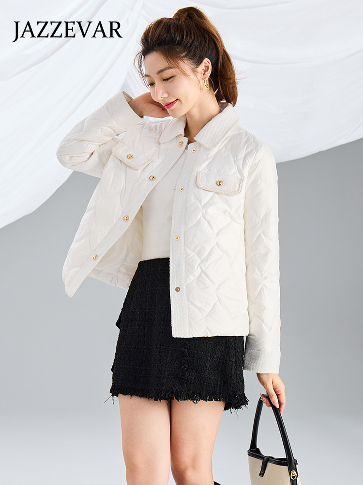 小香风绗线冬季轻薄保暖羽绒服女法式优雅翻领时尚百搭白鸭绒外套