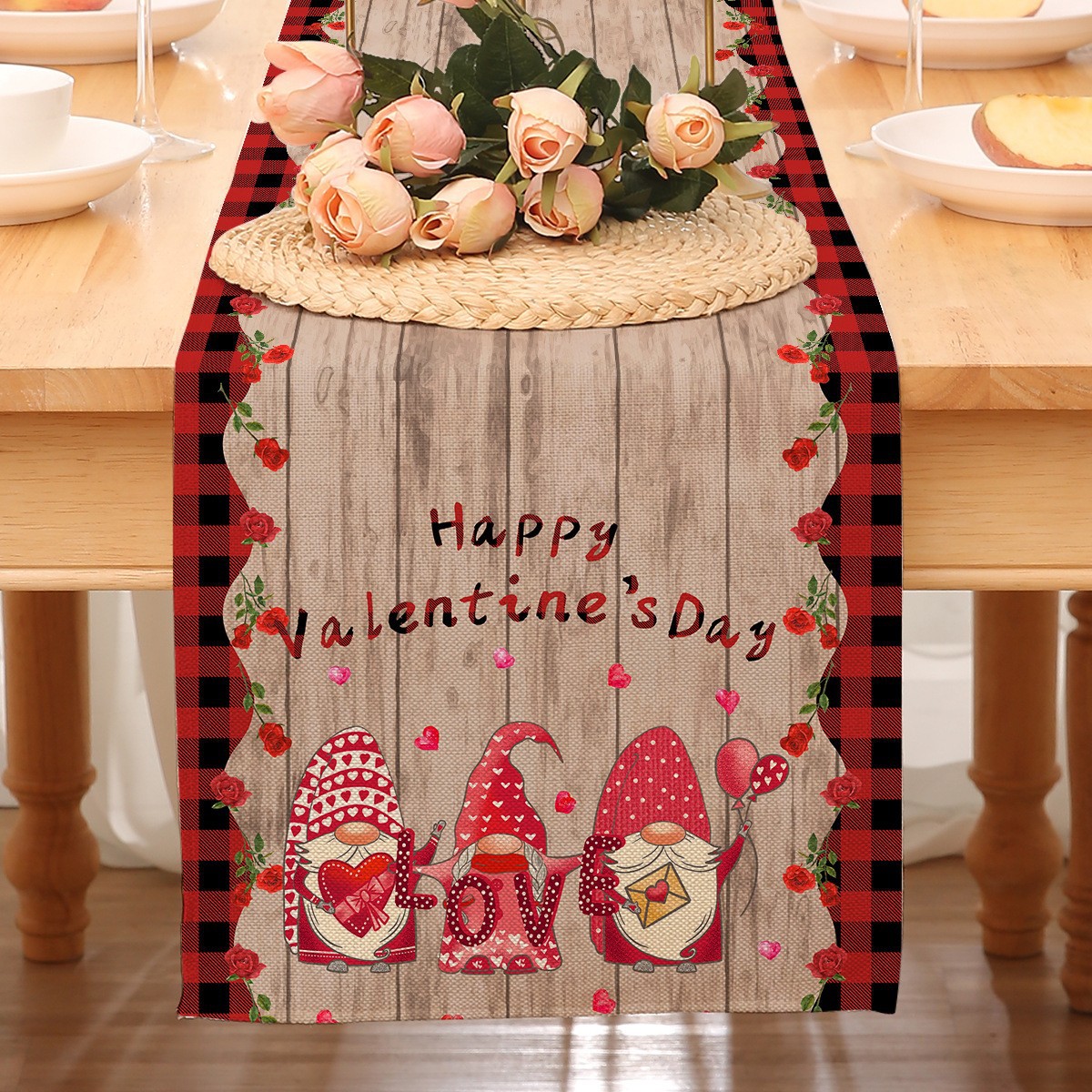 Camino de mesa temático de San Valentín para decoración transfronteriza, mantel rojo estampado de Amazon, decoración de restaurante, estilo nórdico, decoración del hogar, tira larga