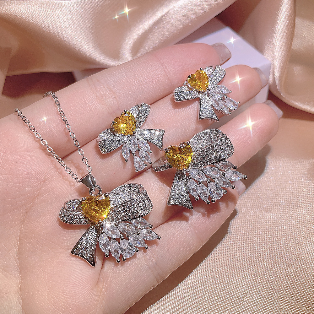 Luxury women's jewelry three-piece set with yellow love zircon bow ring earrings necklace Little Red Book