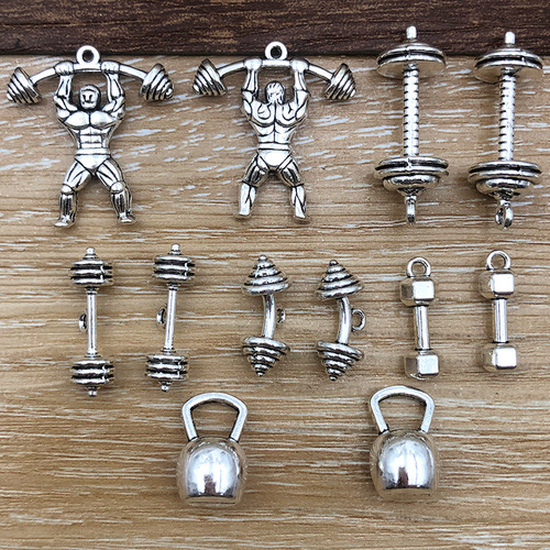 A set of 1 new antique silver alloy simulated dumbbell weightlifting athlete accessories DIY handmade decoration accessory hanger material