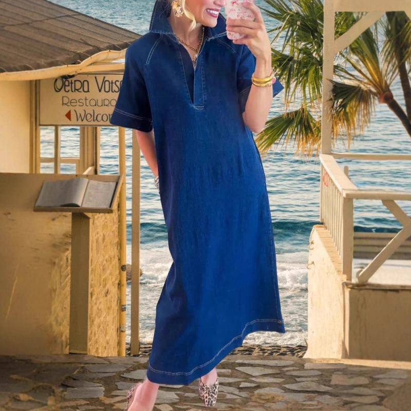 2025 New Trending Cross-Border Independent Platform Aliexpress European and American Amazon Shirt Collar Button Denim Dress Women's Clothing
