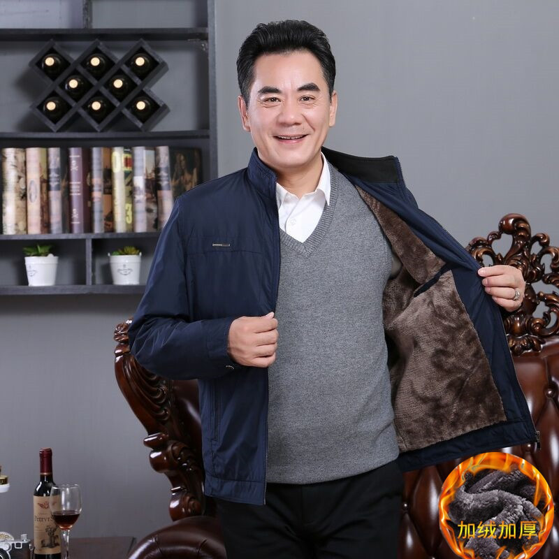 秋冬季男外套男士加绒夹克男中老年棉衣男中年休闲男装加厚爸爸装