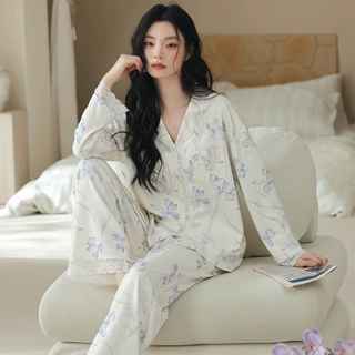 春秋季女士睡衣纯棉布料长袖2026年新款开衫女春季休闲家居服套装