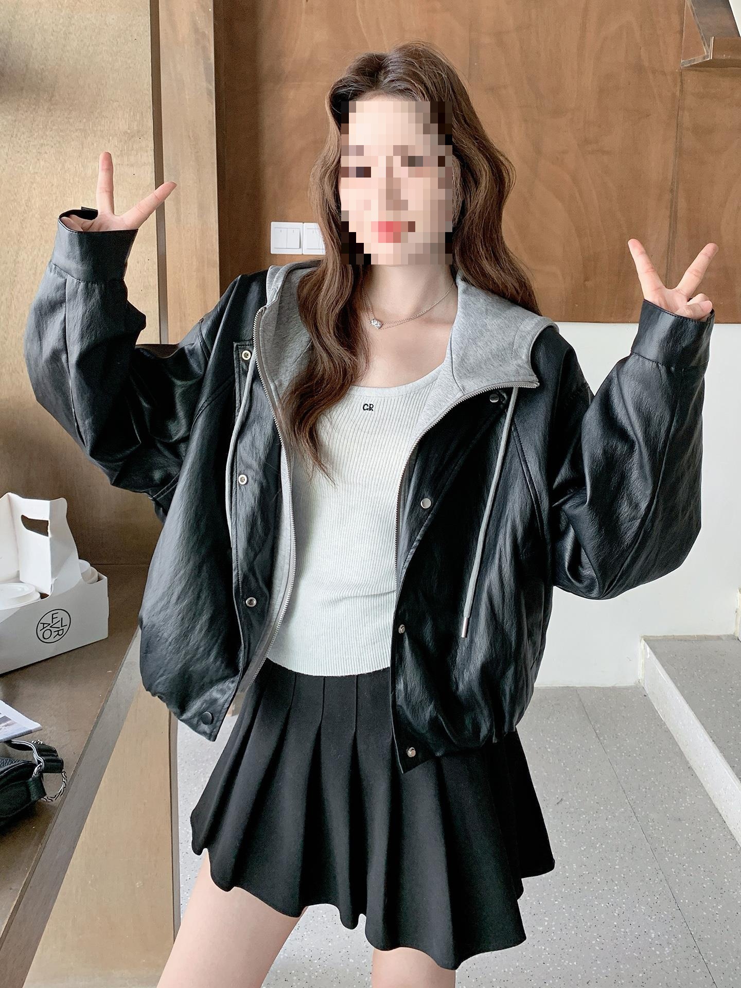 Korean Style Sweatshirt Hooded Splicing Fake Two-Piece Leather Jacket for Women 2025 Spring & Fall New Style Loose Protein Leather Jacket Trendy