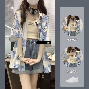 Three-Piece Summer New Salt Style Ins Bear Short-Sleeved Mid-Length Shirt Niche Vest Denim Shorts Suit Trendy