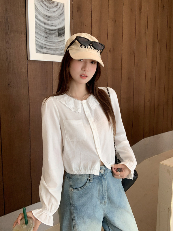 白色荷叶边蕾丝娃娃领长袖衬衫女2025秋季纽扣松紧下摆打底衫上衣|undefined