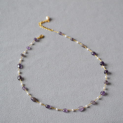 Japanese and Korean niche design purple and green genuine stone imitation pearl bead handmade woven minimalist short pendant necklace choker chain