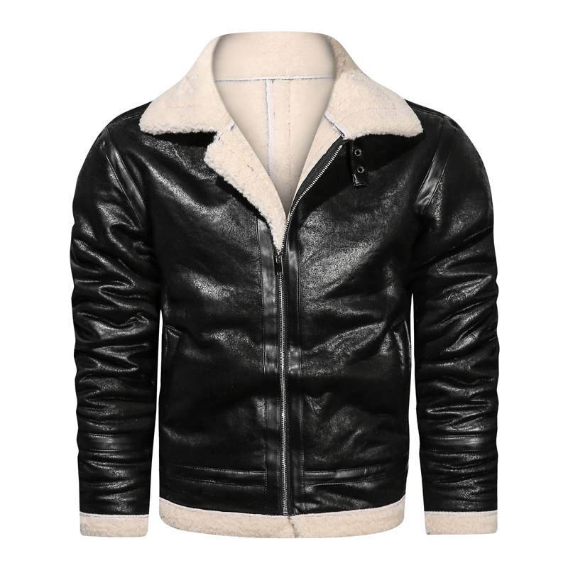boy Men's Turn-Down Collar Lamb Wool Plus Size Cross-Border Thickened Warm Motorcycle Jacket Retro European And American_voghion.com