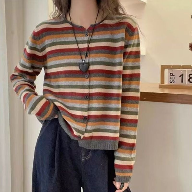 Rainbow striped knit sweater, color-blocked knit cardigan for women, new autumn style, soft and elegant, versatile and slimming jacket top