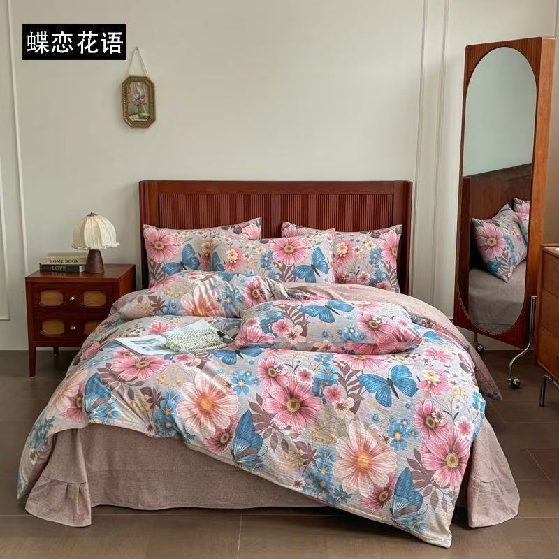 加厚高克重复古仿原麻皱皱纱四件套小布袋床上用品双人印花套件|undefined