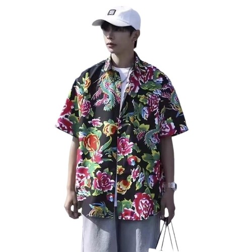 Japanese-style Ins Hong Kong-style summer short-sleeve floral shirt for men and women, retro cool-hacker Hawaii beach couple loose T-shirt