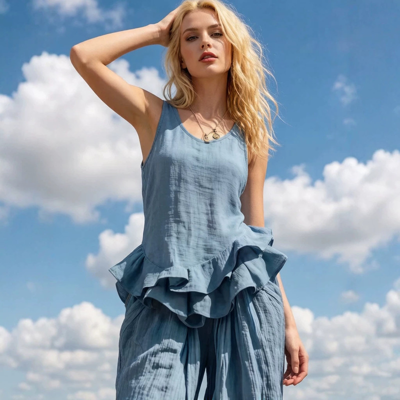 In stock 2026 summer shirt new style European and American cross-border Amazon independent sleeveless ruffle hem top for vacation