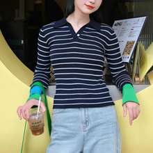 SW黑色条纹Polo衫女2026春新款修身V领打底衫撞色袖女上衣针织衫
