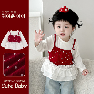 Spring and Autumn Girls Contrast Color Fake Two Pieces 2025 Autumn New Korean Style Children's Bottoming Shirt Baby Girl Top 5513