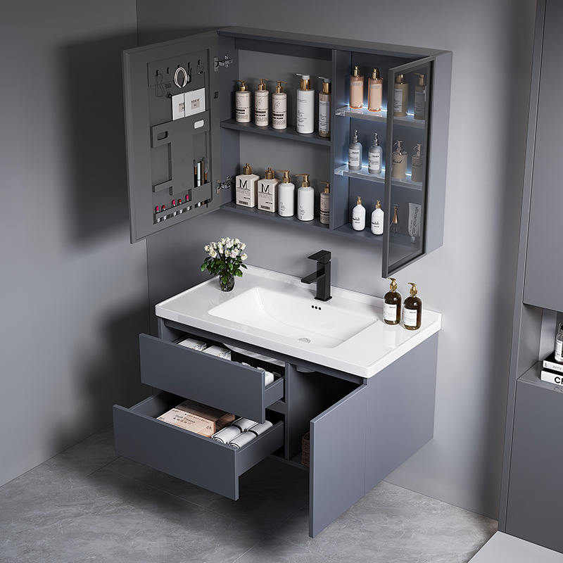Cajón gris oscuro tipo de aleación de poliestireno de abeja gruesa gabinete de baño combinación gabinete lavabo de baño gabinete de cerámica integral lavabo