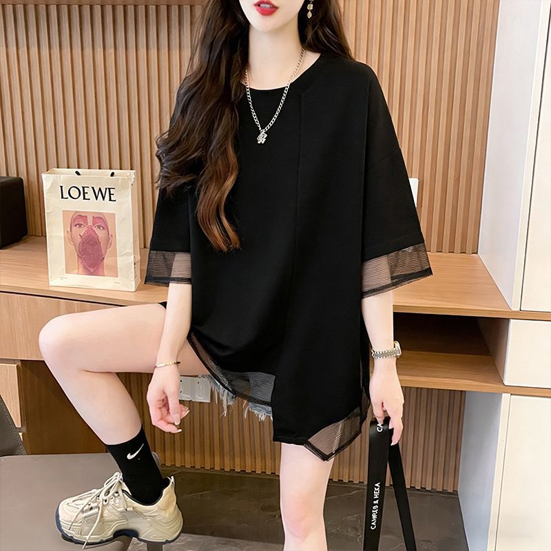 Fashionable Casual Tops for Petite Women That Cover the Belly, 2026 Summer New Style, Faux Two-Piece Round Neck Loose Short-Sleeve T-Shirt