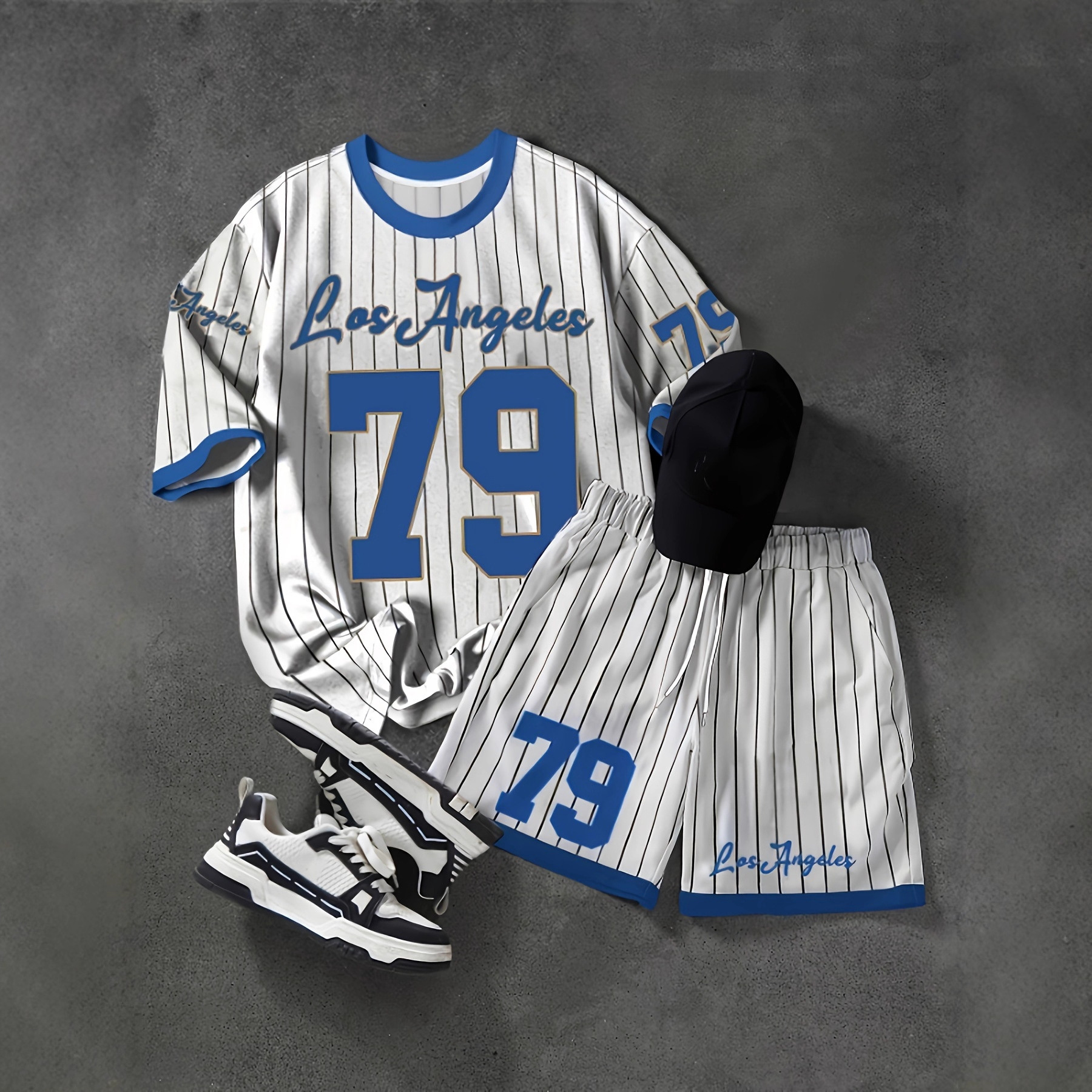 Herren-Trainingsanzug mit Streifen und Zahlenprint im Los Angeles Baseball-Stil – Sommer-Set für formelle und legere Anlässe_voghion.com