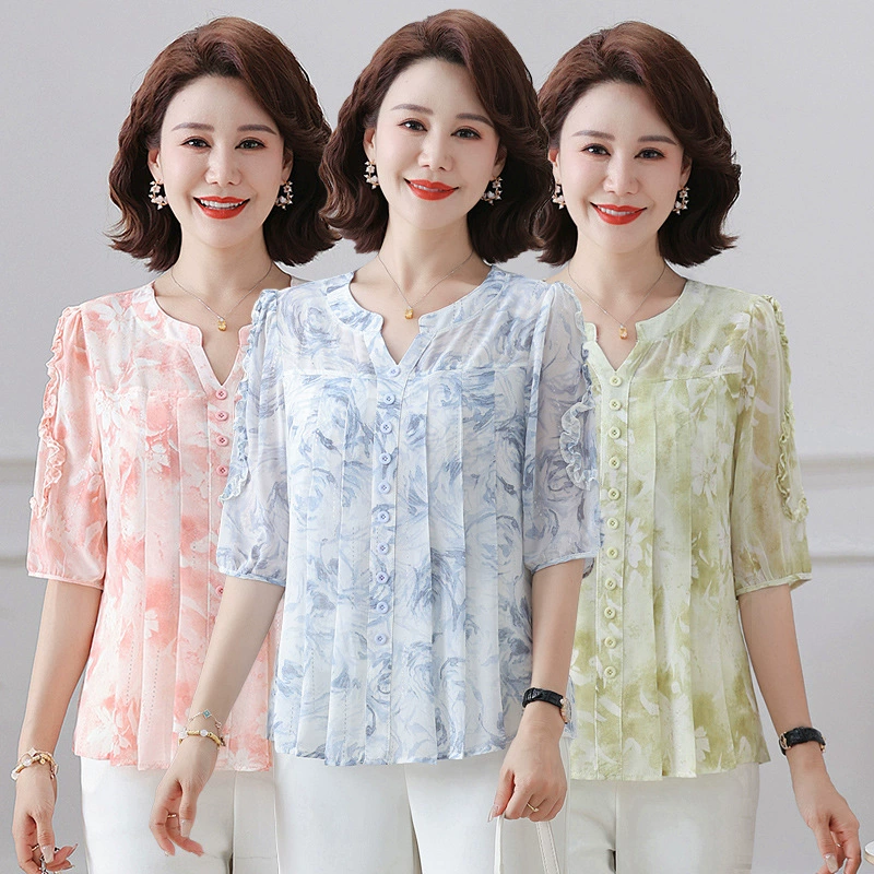 Летняя шифоновая рубашка для мам среднего возраста, новинка 2025 года, летняя футболка с рукавом три четверти для женщин среднего и пожилого возраста, топ