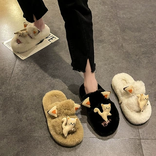 2024新款可爱小猫毛绒拖鞋女冬季ins室内居家可外穿一字拖鞋女