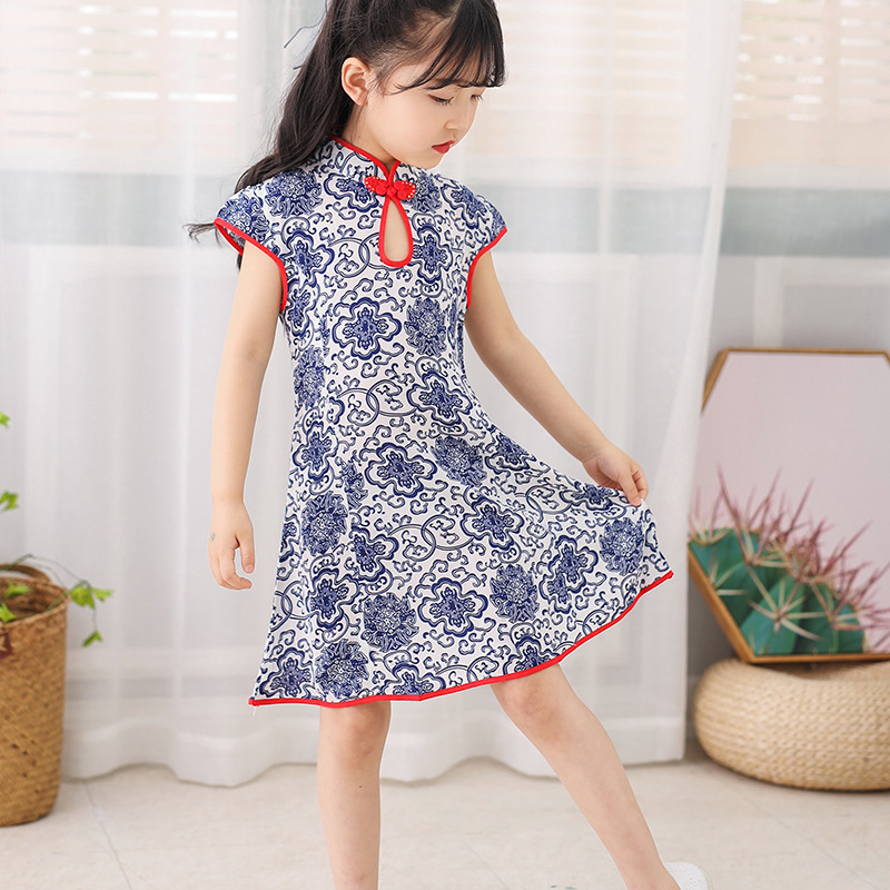 New Chinoiserie Girls' Cheongsam Dress Kidsren's Han Dynasty Chinoiserie Kidsren's Dress Short-Sleeved Slim Princess Costume Festival